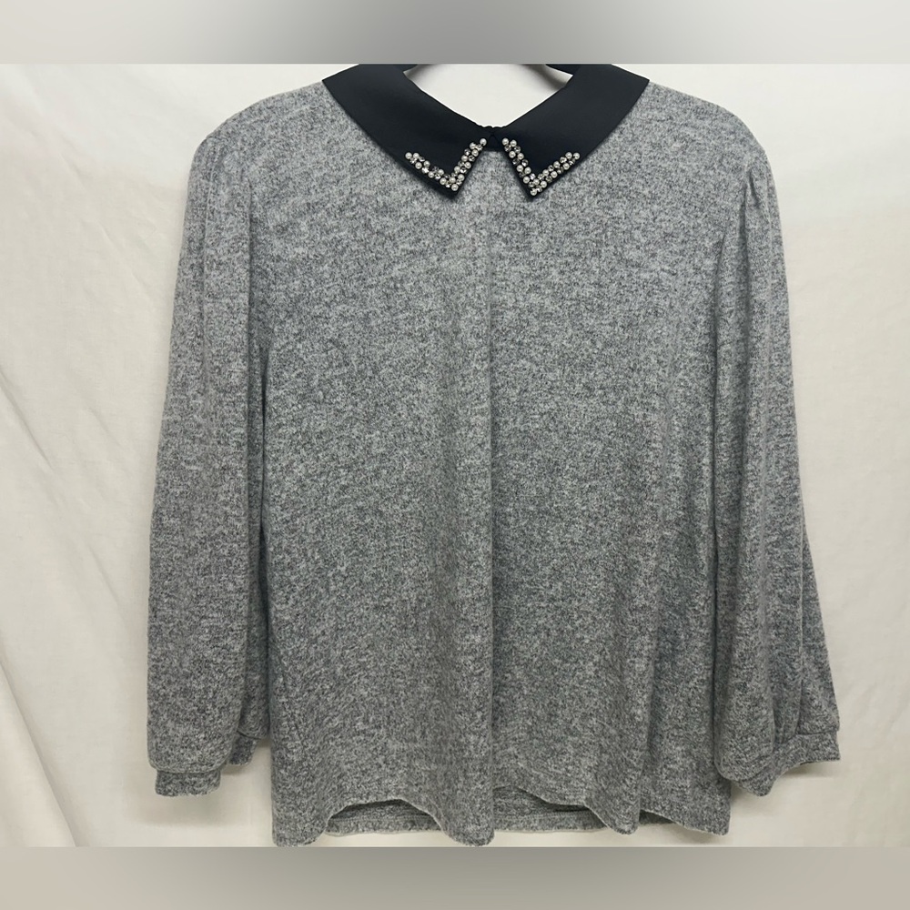 Faith & Joy Collared Sweater Blouse, Size XL - Stylish Grey & Black Layered Look